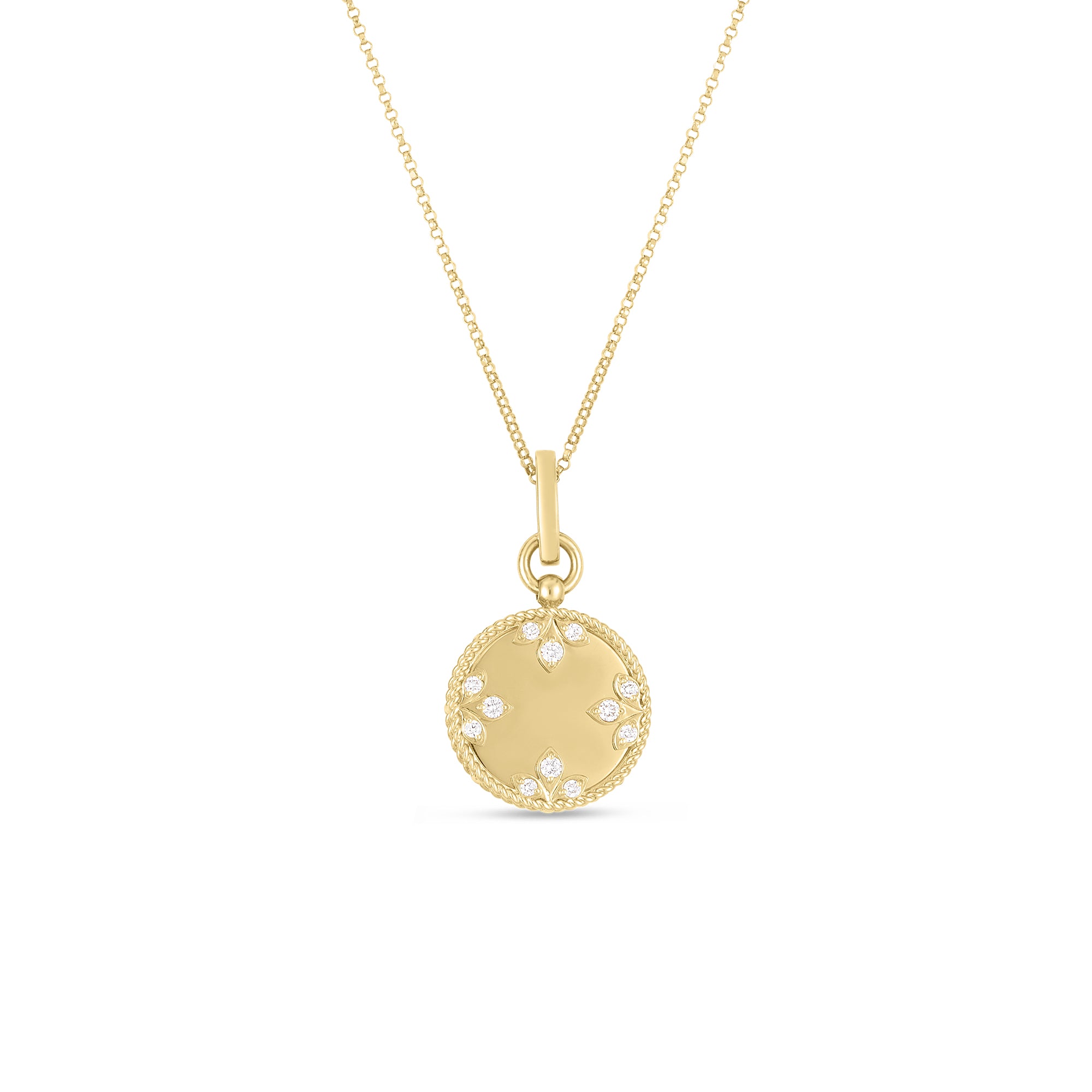 18K YELLOW GOLD MEDALLION CHARMS SMALL DIAMOND NECKLACE