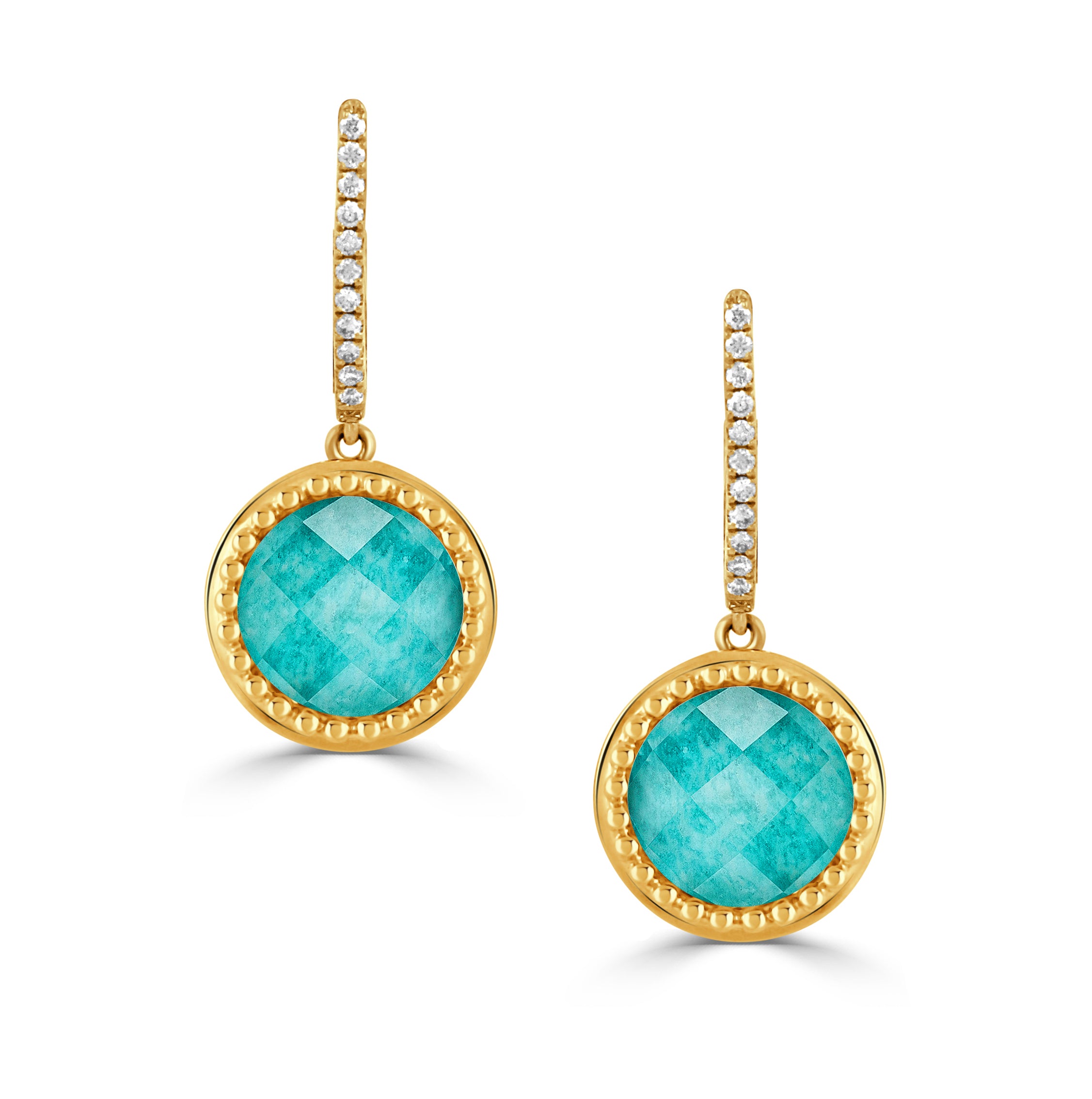 18K YELLOW GOLD DIAMOND DROP EARRINGS WITH CLEAR QUARTZ OVER AMAZONITE