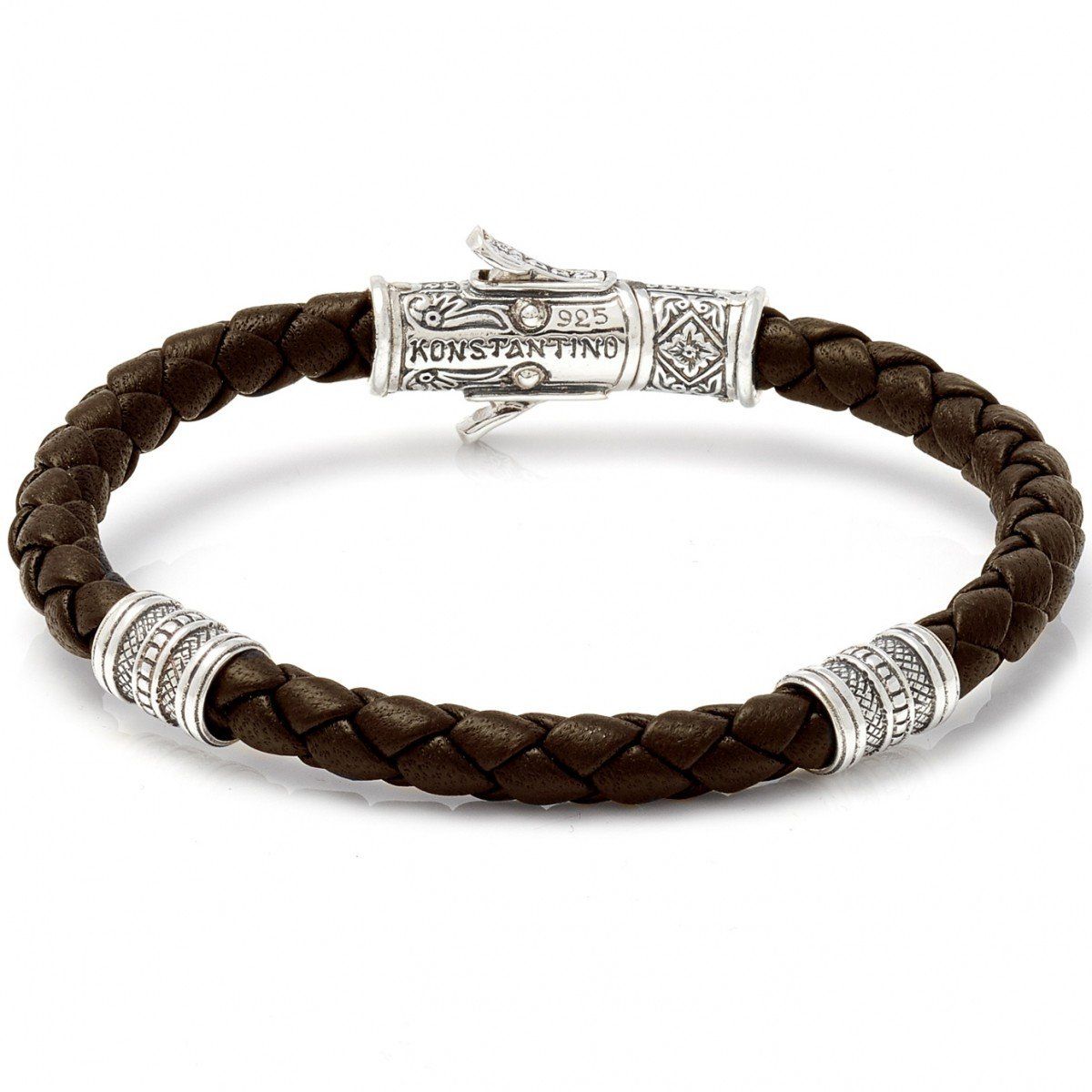KONSTANTINO STERLING SILVER AND BRAIDED BROWN LEATHER BRACELET