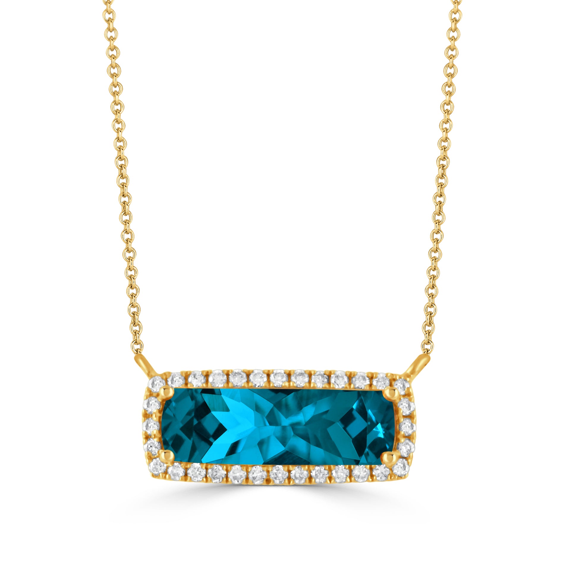 18K YELLOW GOLD DIAMOND NECKLACE WITH LONDON BLUE TOPAZ CENTER