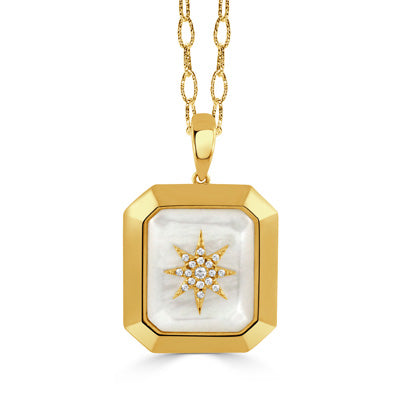 18K YELLOW GOLD DIAMOND PENDANT WITH CLEAR QUARTZ OVER WHITE MOTHER-OF-PEARL (CHAIN SOLD SEPERATE)