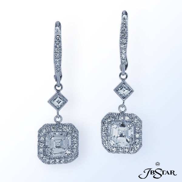 JB STAR PLATINUM DIAMOND EARRINGS HANDCRAFTED WITH CAREFULLY MATCHED SQUARE EMERALD-CUT DIAMONDS SET