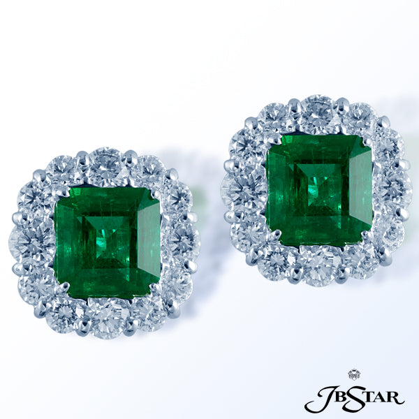 JB STAR GORGEOUS EMERALD CUT EMERALD PLATINUM EARRINGS SHOWCASE 4.94CT. TW. CENTERS ENCIRCLED WITH 1