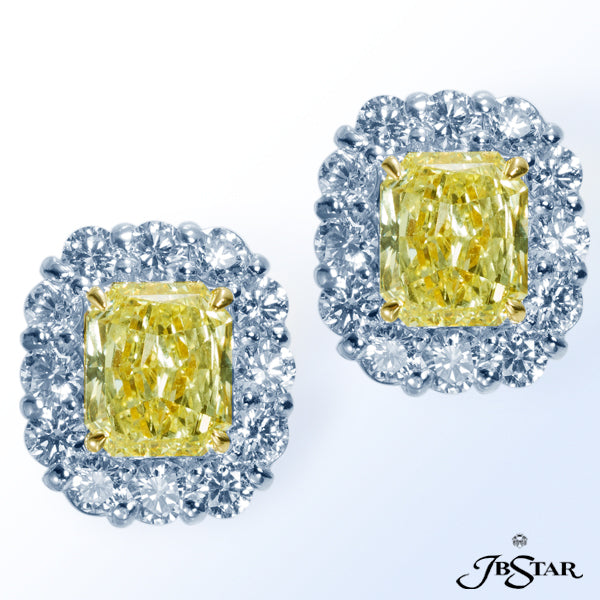 JB STAR THESE STUNNING PLATINUM EARRINGS FEATURE 2.11 CT. TW. FANCY YELLOW DIAMONDS ENCIRCLED WITH 2