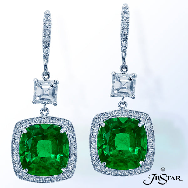 JB STAR MAGNIFICENT EMERALD AND DIAMOND EARRINGS FEATURING STUNNING 8.58 CTW CUSHION EMERALDS EDGED