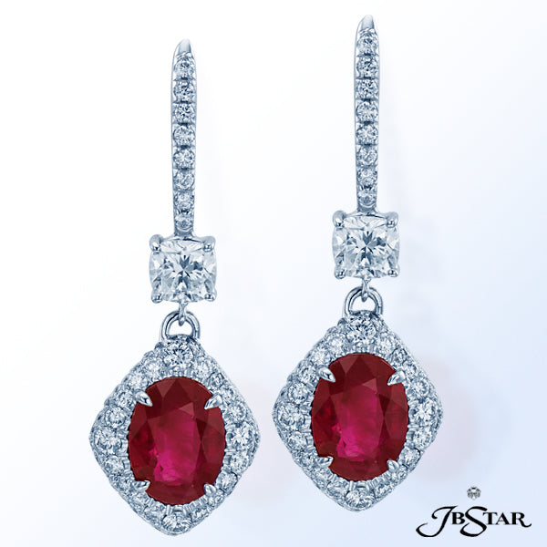 JB STAR PLATINUM RUBY AND DIAMOND DROP EARRINGS FEATURING CERTIFIED BURMESE OVAL RUBIES SUSPENDED FR