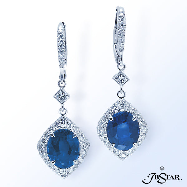 JB STAR PLATINUM SAPPHIRE AND DIAMOND EARRINGS WITH 5.05 CTW OVAL BLUE SAPPHIRES SUSPENDED FROM PRIN