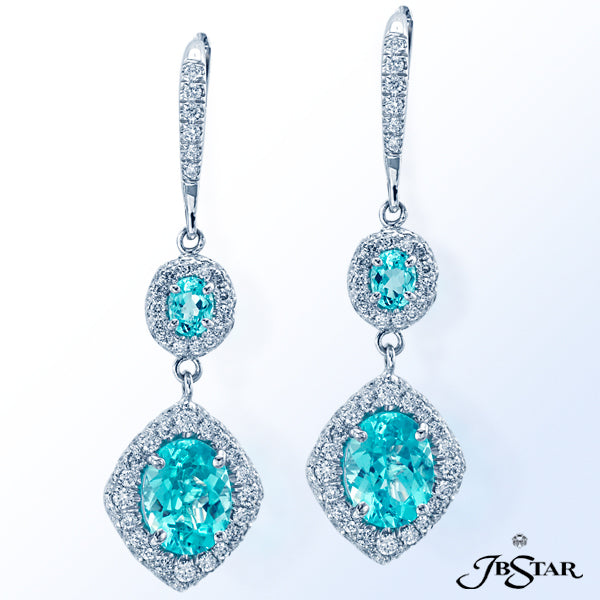 JB STAR PARAIBA EARRINGS FEATURING STUNNING 2.50 CTW OVAL PARAIBAS SUSPENDED FROM SMALLER OVAL PARAI
