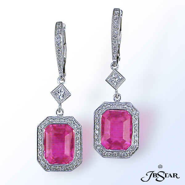 JB STAR PINK SAPPHIRE EARRINGS FEATURING STUNNING 7.23 CTW EMERALD-CUT PINK SAPPHIRES EDGED IN MICRO