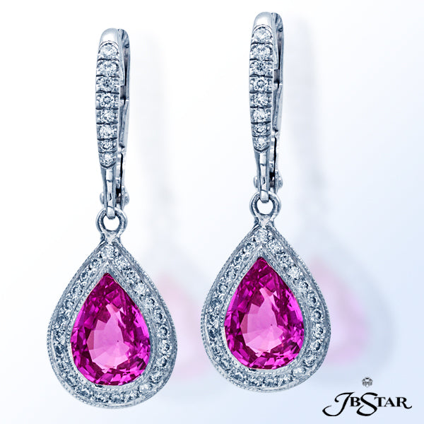 JB STAR PINK SAPPHIRE AND DIAMOND EARRINGS FEATURING MAGNIFICENT PEAR-SHAPED PINK SAPPHIRES HAND SET