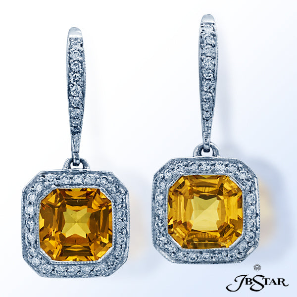 JB STAR YELLOW SAPPHIRE AND DIAMOND EARRINGS FEATURING 4.79 CTW SQUARE EMERALD CUT YELLOW SAPPHIRES