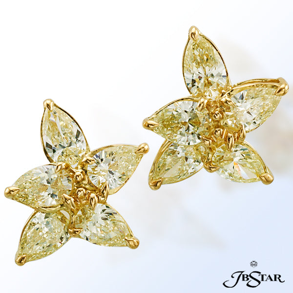 JB STAR LIGHT YELLOW DIAMOND EARRINGS UNIQUELY DESIGNED USING 10 PEAR-SHAPED DIAMONDS. 18KYYELLOW