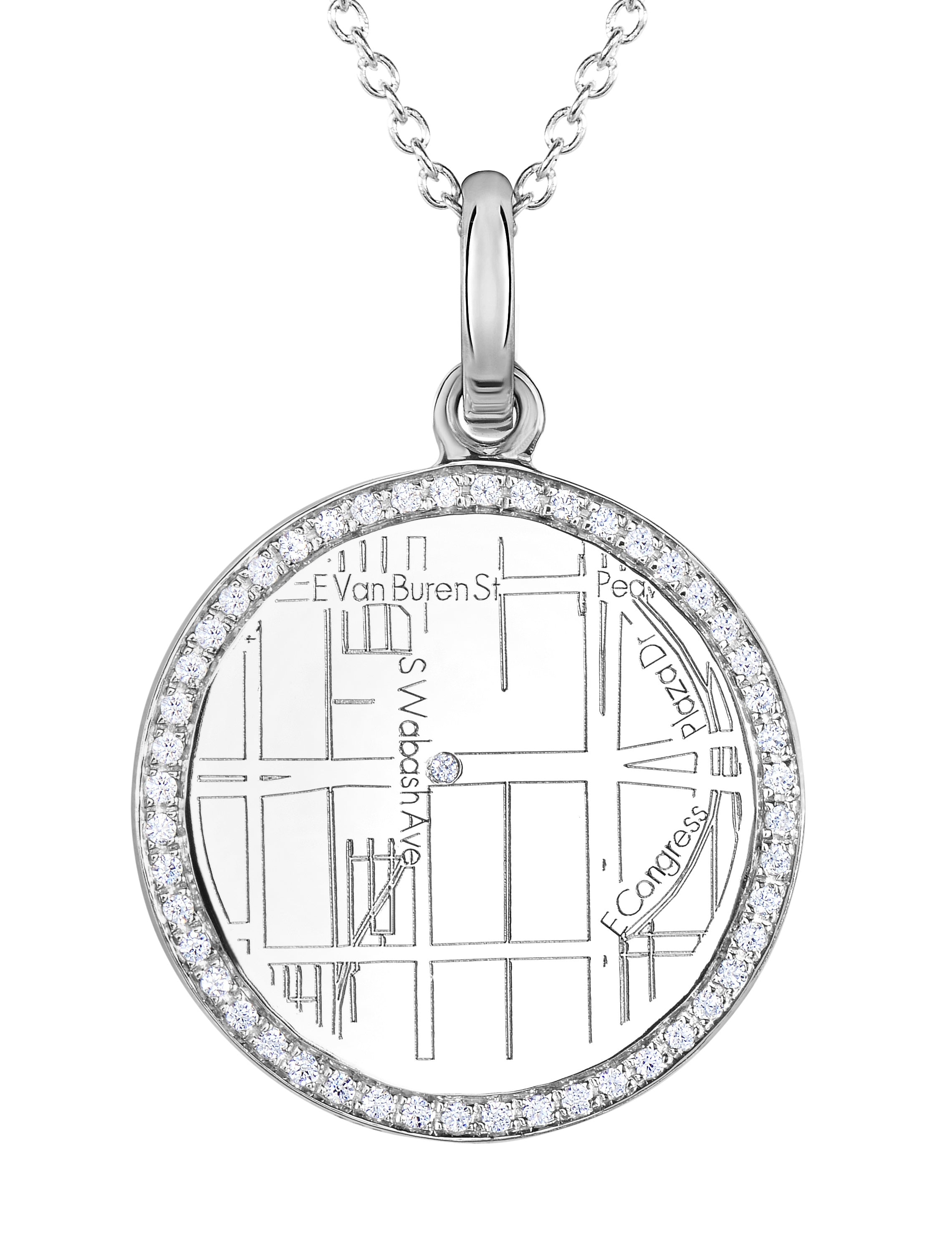 A.JAFFE  WHITE GOLD ROUND MAP PENDANT WITH DIAMONDS
