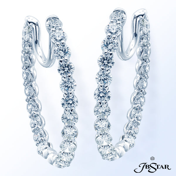 JB STAR STUNNING DIAMOND PLATINUM HOOP EARRINGS HANDCRAFTED WITH 42 PERFECTLY MATCHED ROUND DIAMONDS