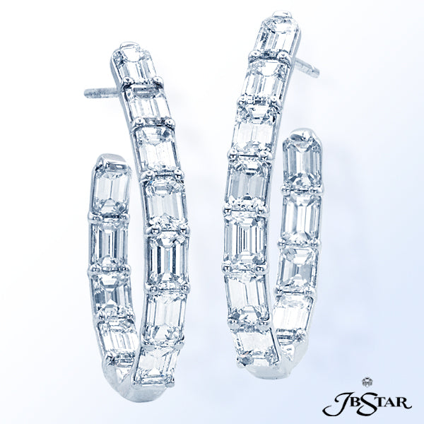 JB STAR STUNNING DIAMOND PLATINUM HOOP EARRINGS HANDCRAFTED WITH 22 PERFECTLY MATCHED EMERALD-CUT DI