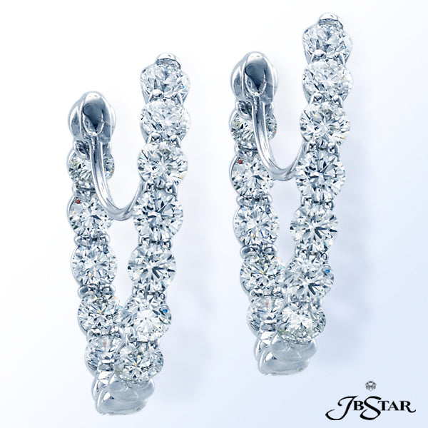 JB STAR PLATINUM DIAMOND HOOP EARRINGS HANDCRAFTED WITH 24 BRILLIANT ROUND DIAMONDS IN A SHARED-PRON