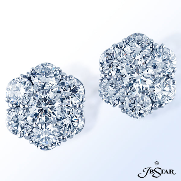 JB STAR PLATINUM DIAMOND STUD EARRINGS HANDCRAFTED WITH A MAGNIFICENT CLUSTER OF CAREFULLY MATCHED R