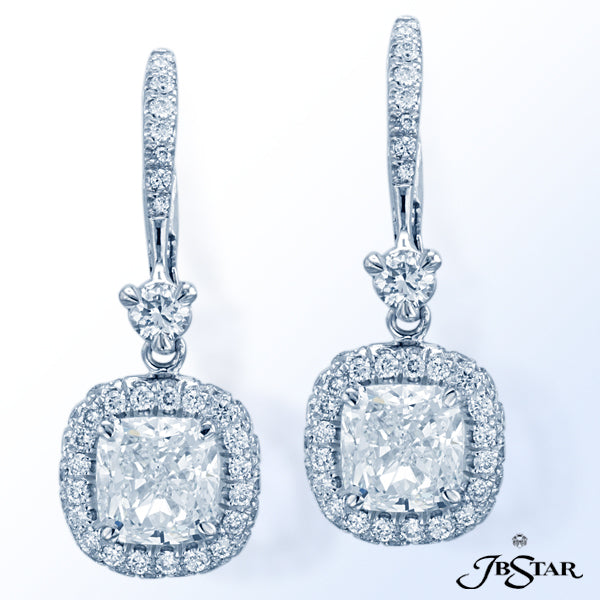 JB STAR STUNNING CUSHION-CUT DIAMOND DROP EARRINGS EDGED IN MICRO PAVE AND SET IN PLATINUMCENTER:
