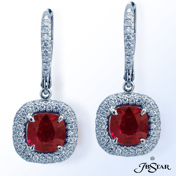 JB STAR RUBY AND DIAMOND EARRINGS HANDCRAFTED WITH MAGNIFICENT 2.27 CTW CUSHION-SHAPED RUBY ENCIRCLE