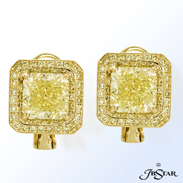 JB STAR STUNNING FANCY YELLOW RADIANT DIAMONDS EMBRACED WITH FANCY YELLOW MICROPAVE EARRINGS. HANDCR