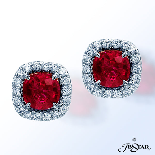 JB STAR BEAUTIFULLY HANDCRAFTED EARRINGS FEATURE CUSHION-CUT RUBIES IN A MICRO PAVE SETTING. PLATINU