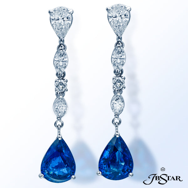 JB STAR EXQUISITE PLATINUM DROP EARRINGS FEATURING 6.05CT. TW. PEAR-SHAPE SAPPHIRES WITH MARQUISE, R