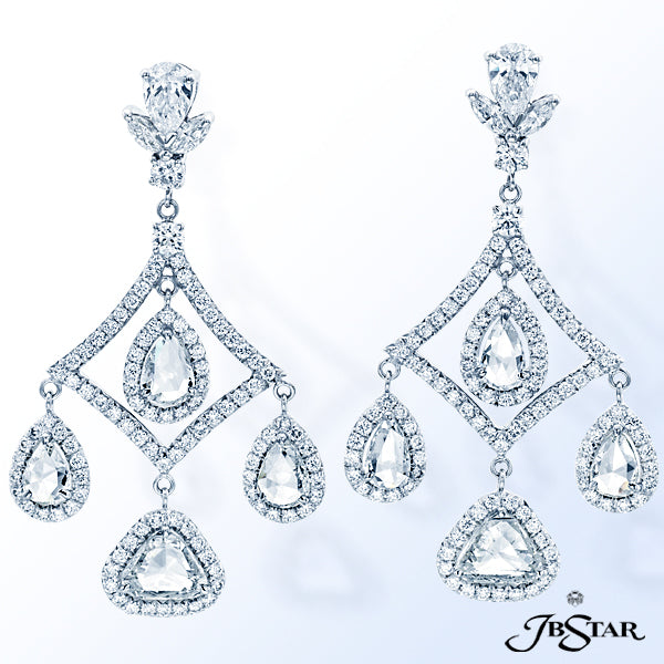 JB STAR EXQUISITE CHANDELIER EARRINGS METICULOUSLY CRAFTED IN PURE PLATINUM FEATURE 8 ROSE CUT DIAMO