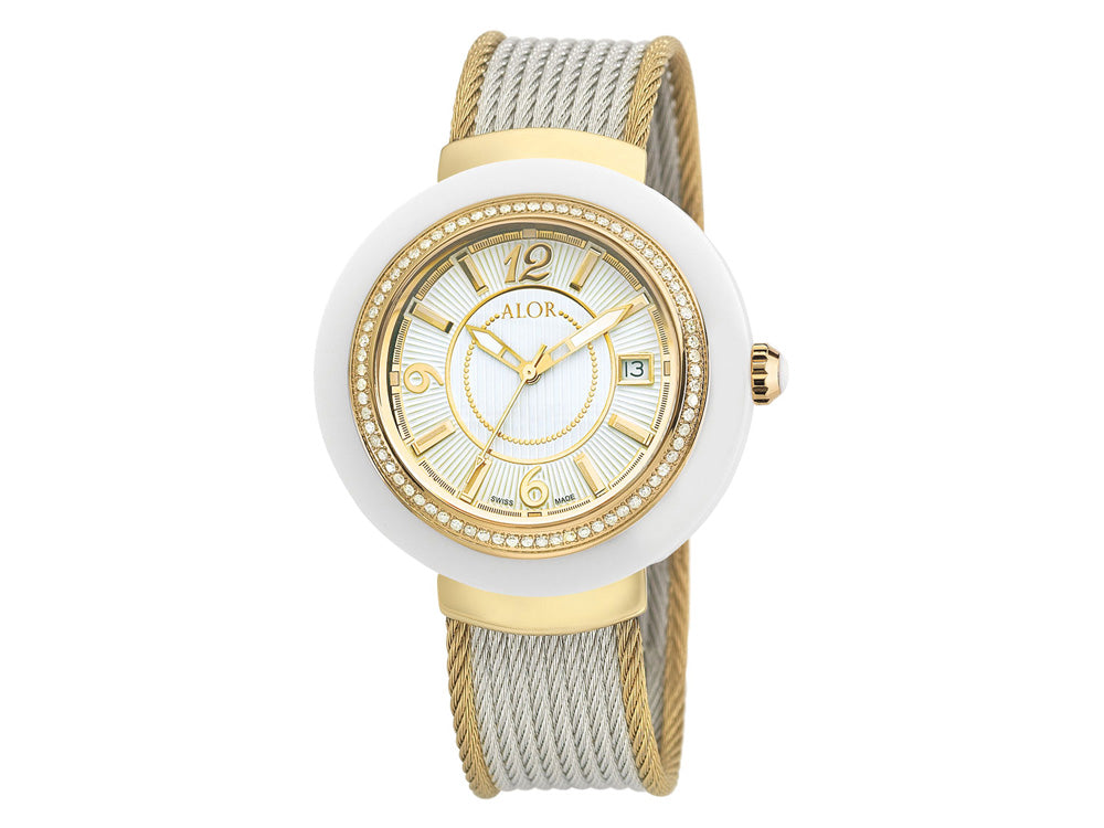Alor 43mm Stainless Steel Swiss made with White Ceramic/Yellow PVD bezel, Cabochon Crown, double curved sapphire crystal and white dial with yellow Arabic markers 0.73 total carat weight Diamonds (73 stones) on a yellow (outside 2 row 2.5mm) and grey (in