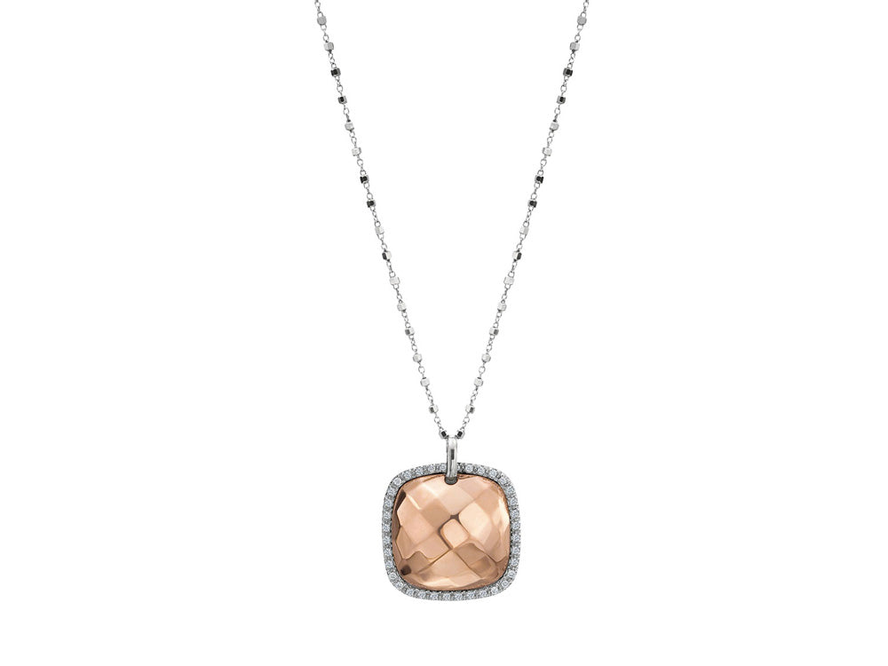 Alor 18 karat faceted Rose Gold and White Gold with 0.18 total carat weight Diamonds on single White Gold diamond cut chain. Imported.