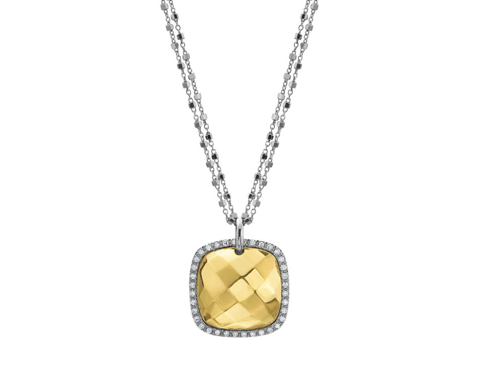 Alor 18 karat faceted Yellow Gold and White Gold with 0.18 total carat weight Diamonds on double White Gold diamond cut chain. Imported.