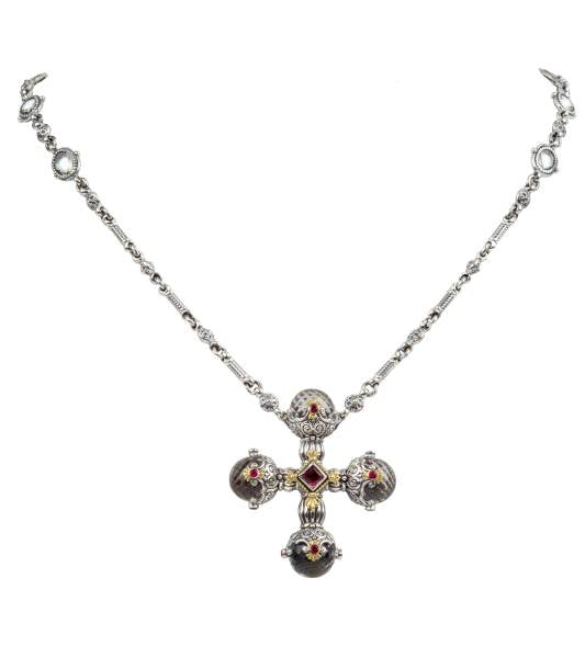KONSTANTINO STERLING SILVER & 18K GOLD NECKLACE CRYSTAL CORUNDUM RHODOLITE FROM THE PYTHIA COLLECTION