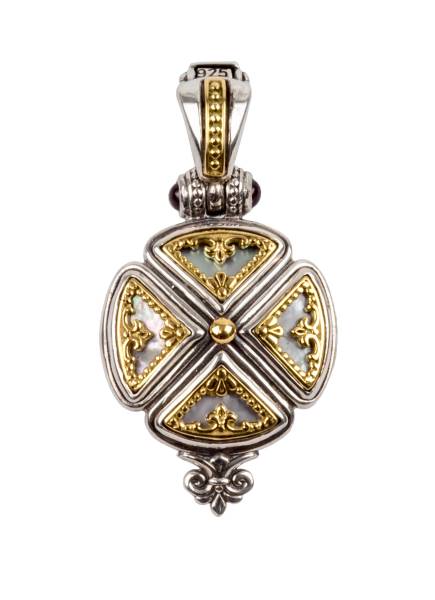 KONSTANTINO STERLING SILVER & 18K GOLD PENDANT MOTHER OF PEARL GARNET FROM THE HESTIA COLLECTION