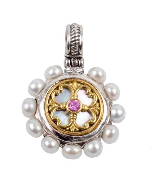 KONSTANTINO STERLING SILVER & 18K GOLD RING MOTHER OF PEARL PEARL PINK SAPPHIRE FROM THE HESTIA COLLECTION