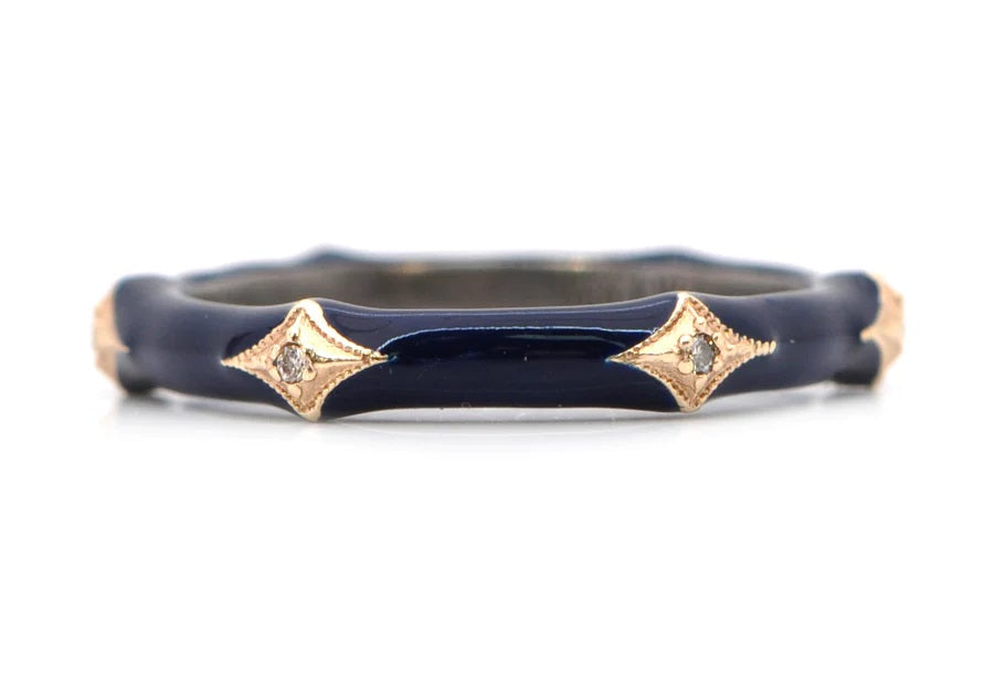 14k Gold and Sterling Silver Dark Blue Enamel Stack Band With Crivelli Accents and Champagne Diamonds. (0.03 TCW)