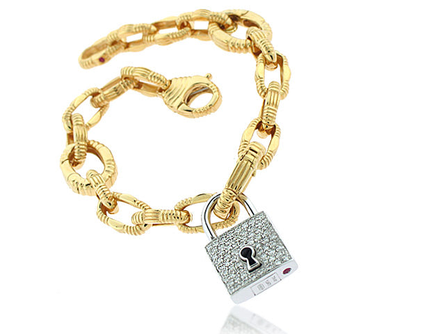 ROBERTO COIN 18K YELLOW AND WHITE GOLD LINK BRACELET WITH A 0.55CT SI/G DIAMOND LOCK CHARM FROM THE APPASSIONATA COLLECTION