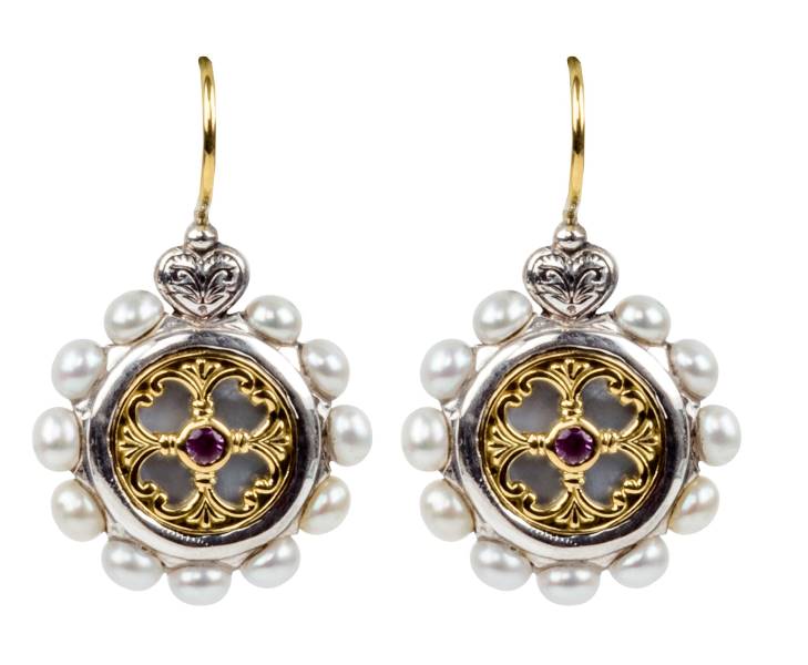 KONSTANTINO STERLING SILVER & 18K GOLD EARRINGS MOTHER OF PEARL PINK SAPPHIRE PEARL FROM THE HESTIA COLLECTION