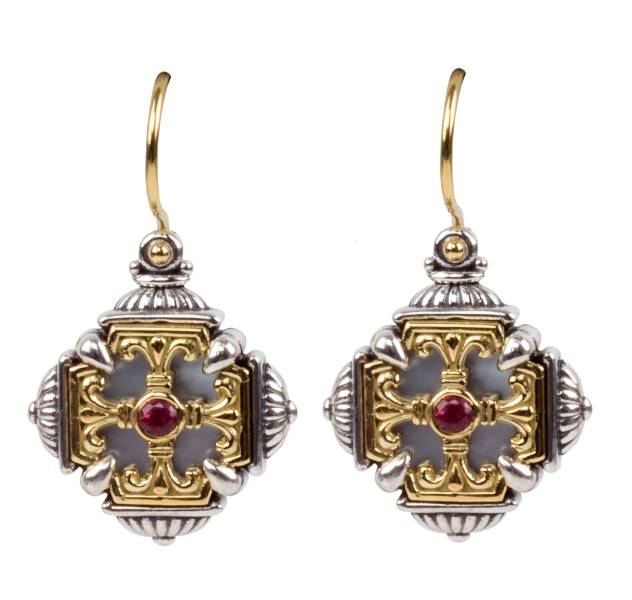 KONSTANTINO STERLING SILVER & 18K GOLD EARRINGS MOTHER OF PEARL PINK TOURMALINE FROM THE HESTIA COLLECTION