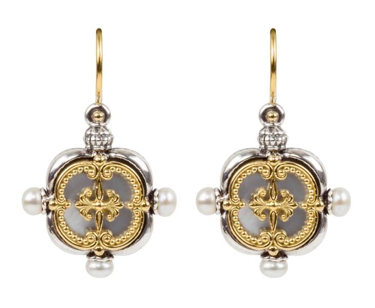 KONSTANTINO STERLING SILVER & 18K GOLD EARRINGS MOTHER OF PEARL PEAR FROM THE HESTIA COLLECTION