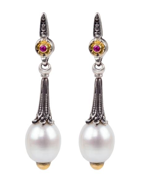 KONSTANTINO STERLING SILVER & 18K GOLD EARRINGS MOTHER OF PEARL PINK SAPPHIRE PEARL FROM THE HESTIA COLLECTION