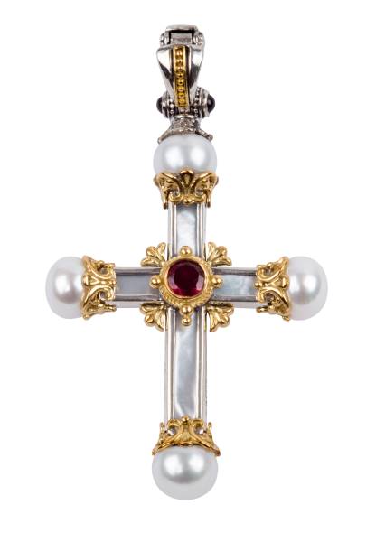 KONSTANTINO STERLING SILVER & 18K GOLD CROSS MOTHER OF PEARL PEARL RHODOLITE FROM THE PYTHIA COLLECTION