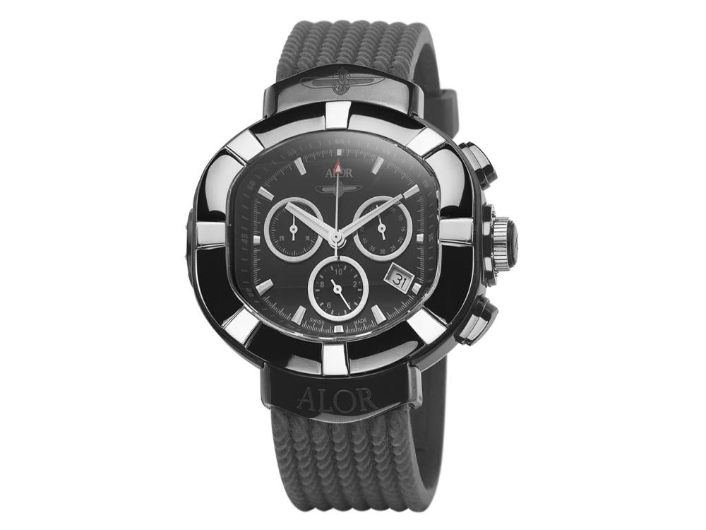 Alor 45mm Stainless Steel Black PVD, Black Chronograph dial with grey markers, curved sapphire crystal, screw down crown with Black Rubber Strap. Water resistant to 5ATM.