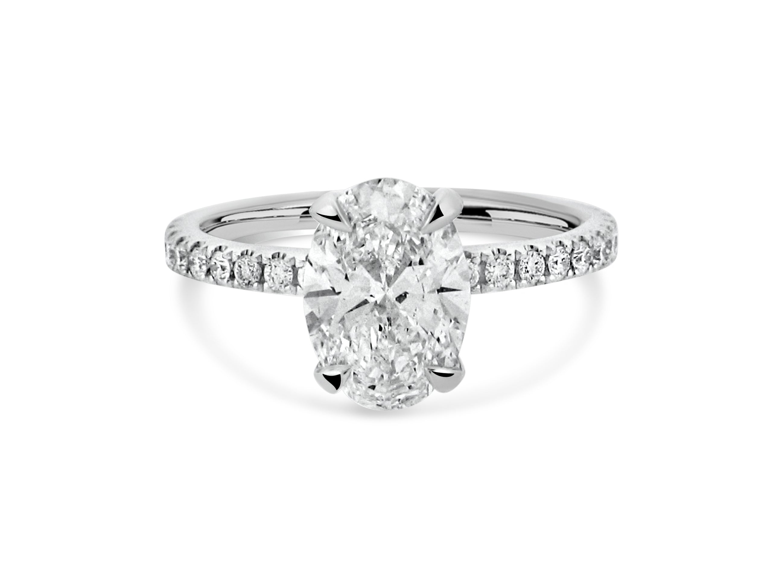 PRIVE' 18K WHITE GOLD 1.94CT SI1 CLARITY AND F COLOR OVAL LAB GROWN SWAROVSKI DIAMOND WITH EXCELLENT CUT AND CERTIFIED.  SURROUNDED BY .43CT SI1/G NATURAL ACCENT DIAMONDS