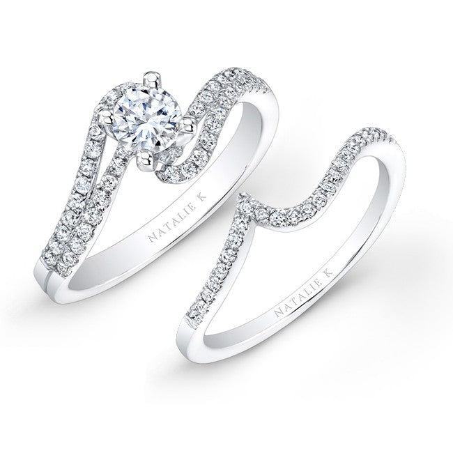 Natalie K  18k White Gold Three Stone Halo Diamond Bridal Ring Set (center stone sold separately)