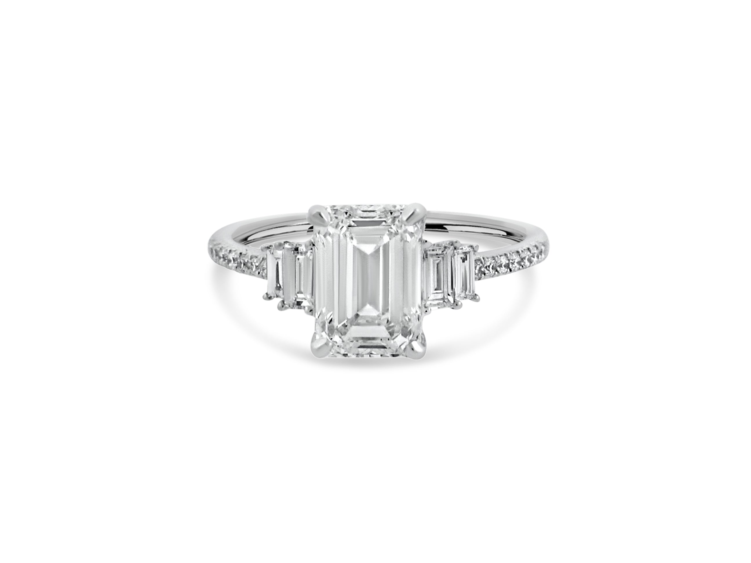 PRIVE' 18K WHITE GOLD 2.01CT VS2 CLARITY AND F COLOR EMERALD CUT SWAROVSKI LAB GROWN DIAMOND SURROUNDED BY .33CT VS/G MOUNTING NATURAL DIAMONDS.