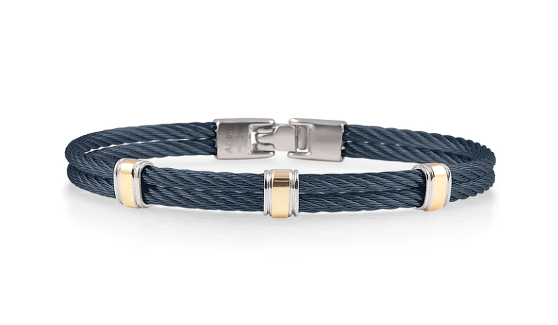 MENS NAVY CABLE WITH STAINLESS STEEL AND 14K GOLD STATIONS