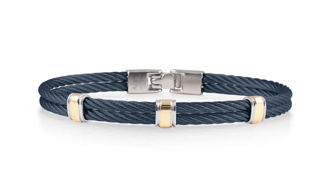 MENS NAVY CABLE WITH STAINLESS STEEL AND 14K GOLD STATIONS