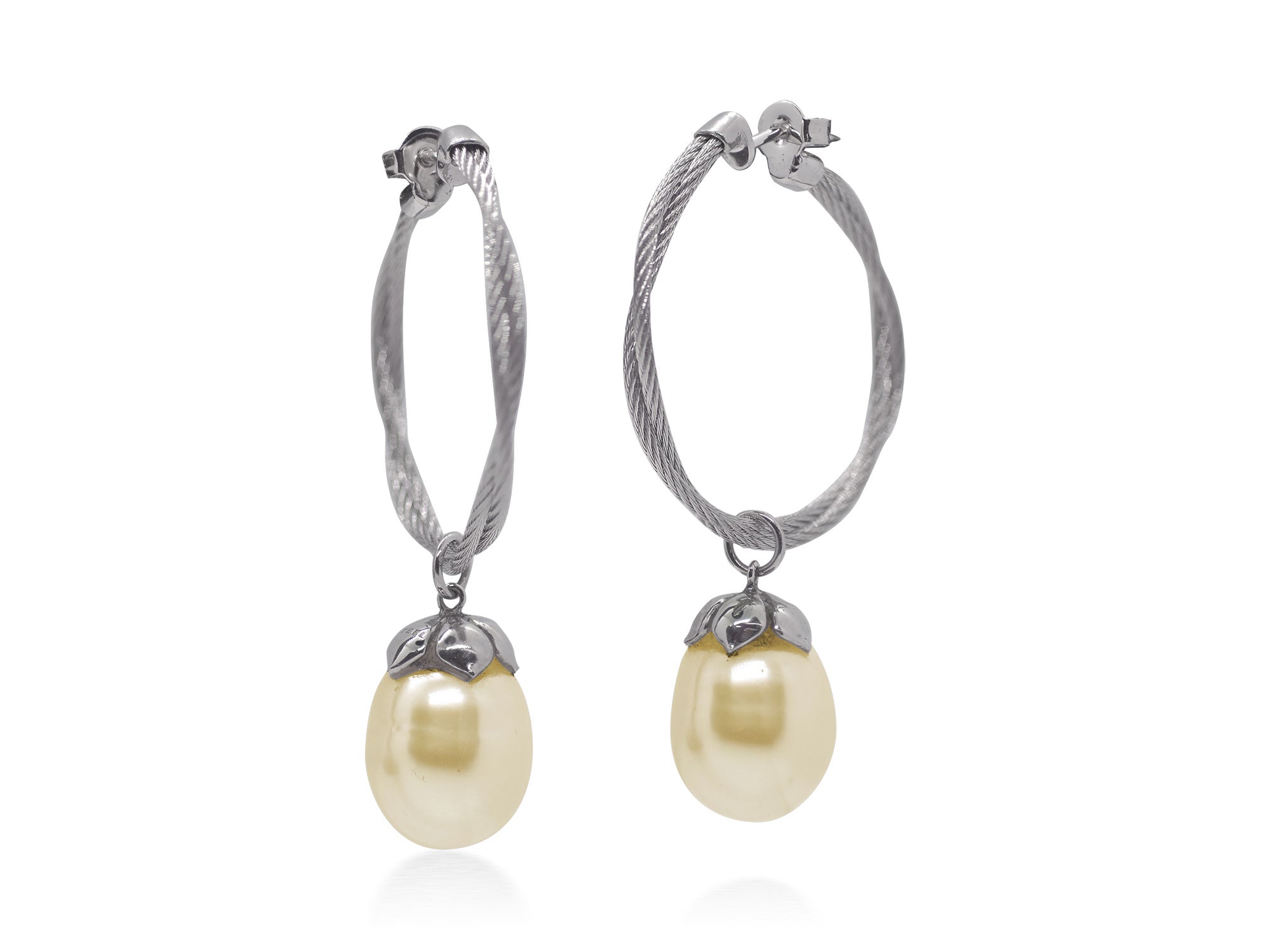 Grey Twisted Cable Hoop Earrings with Yellow South Sea Pearls