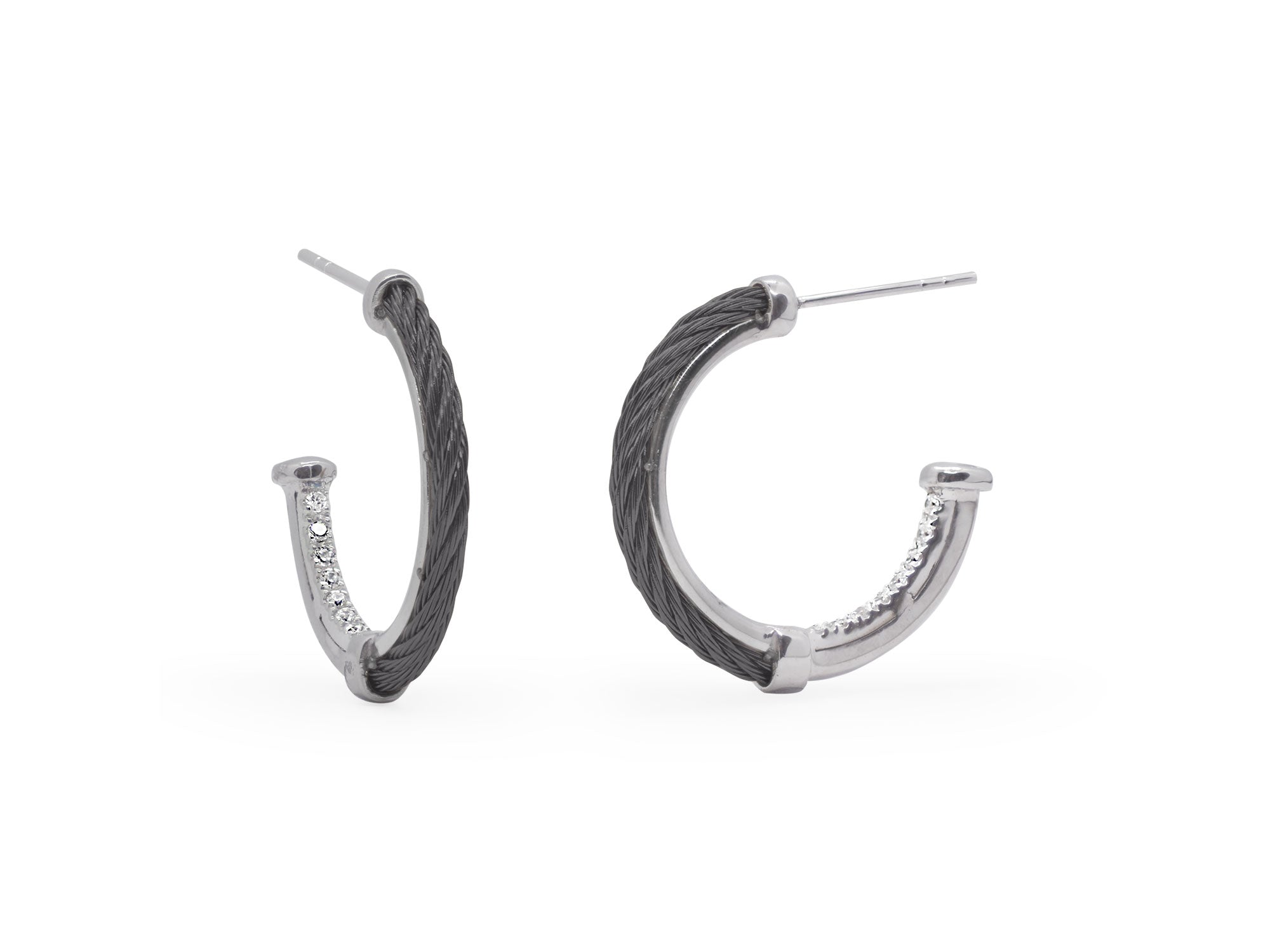 BLACK CABLE SMALL HOOP EARRINGS WITH 18KT GOLD & DIAMONDS