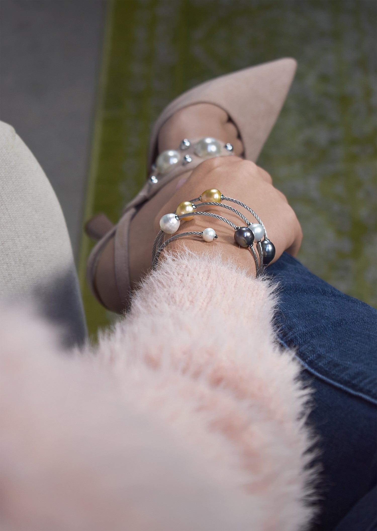Black, White, & Yellow South Sea Pearl Wrap Bracelet with Grey Cable