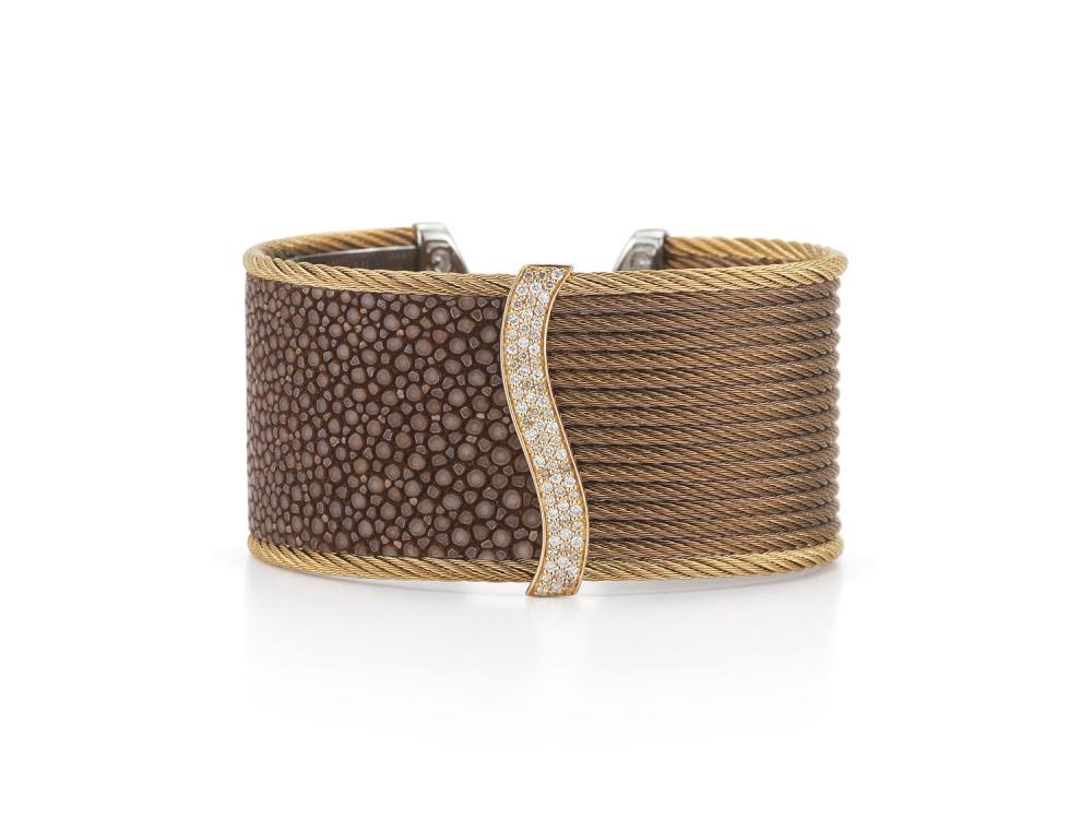 Alor Bronze cable, 18 karat Petra Gold, 0.33 mixed color Diamonds and 0.33 total carat weight White Diamonds, brown Stingray and stainless steel. Imported.